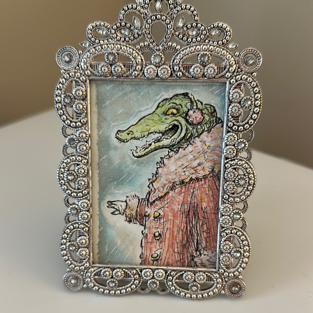 Ornate Silver Picture Frame with Crocodile Art